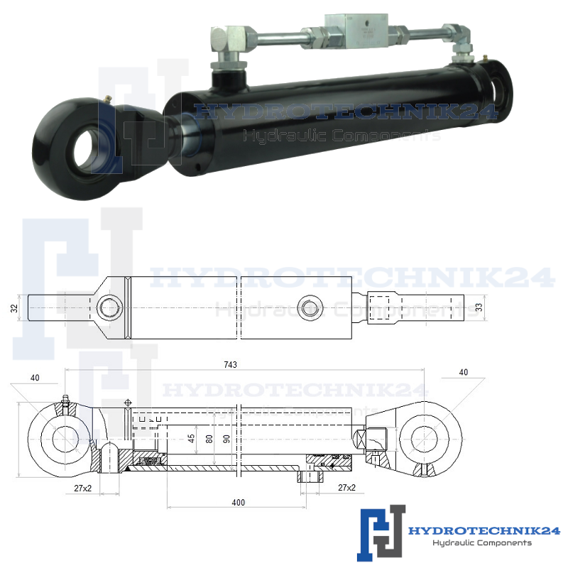 Hydraulikzylinder 80/40 - 50 bis 1200 mm Hub mit verlängerter Kolbens