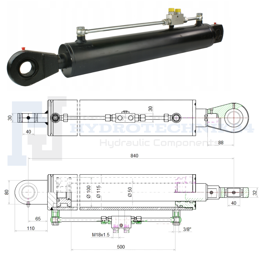 Hydraulikzylinder einfachwirkend 50/28 Hub 200 mit Gelenkaugen 30mm