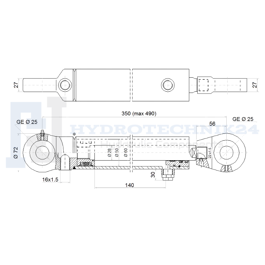Hydraulikzylinder doppeltwirkend CJ2F-80/45/320 mit Gelenkaugen 40mm + Befestigung Hydraulikzylinder doppeltwirkend CJ2F-80/45/320 mit Gelenkaugen 40mm + Befestigung