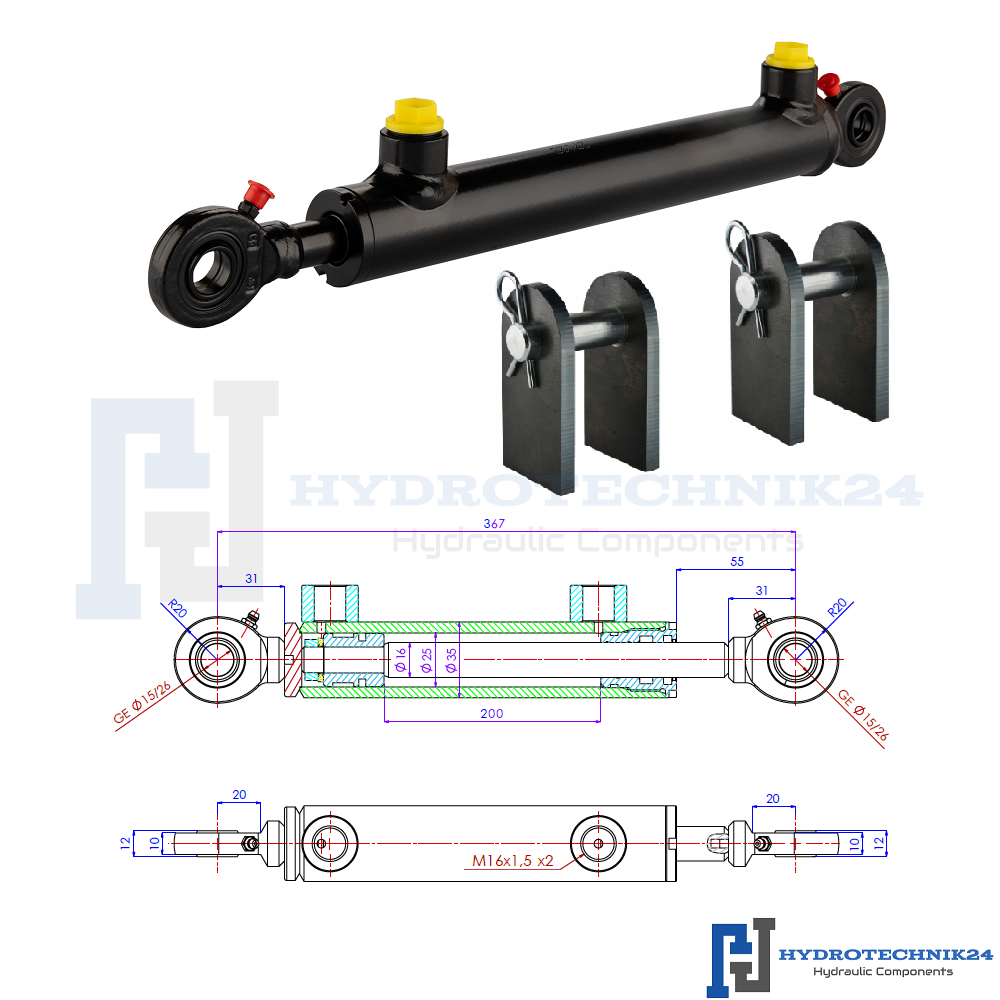 Dubbelwerkende micro cilinder met bevestiging 25x16x200