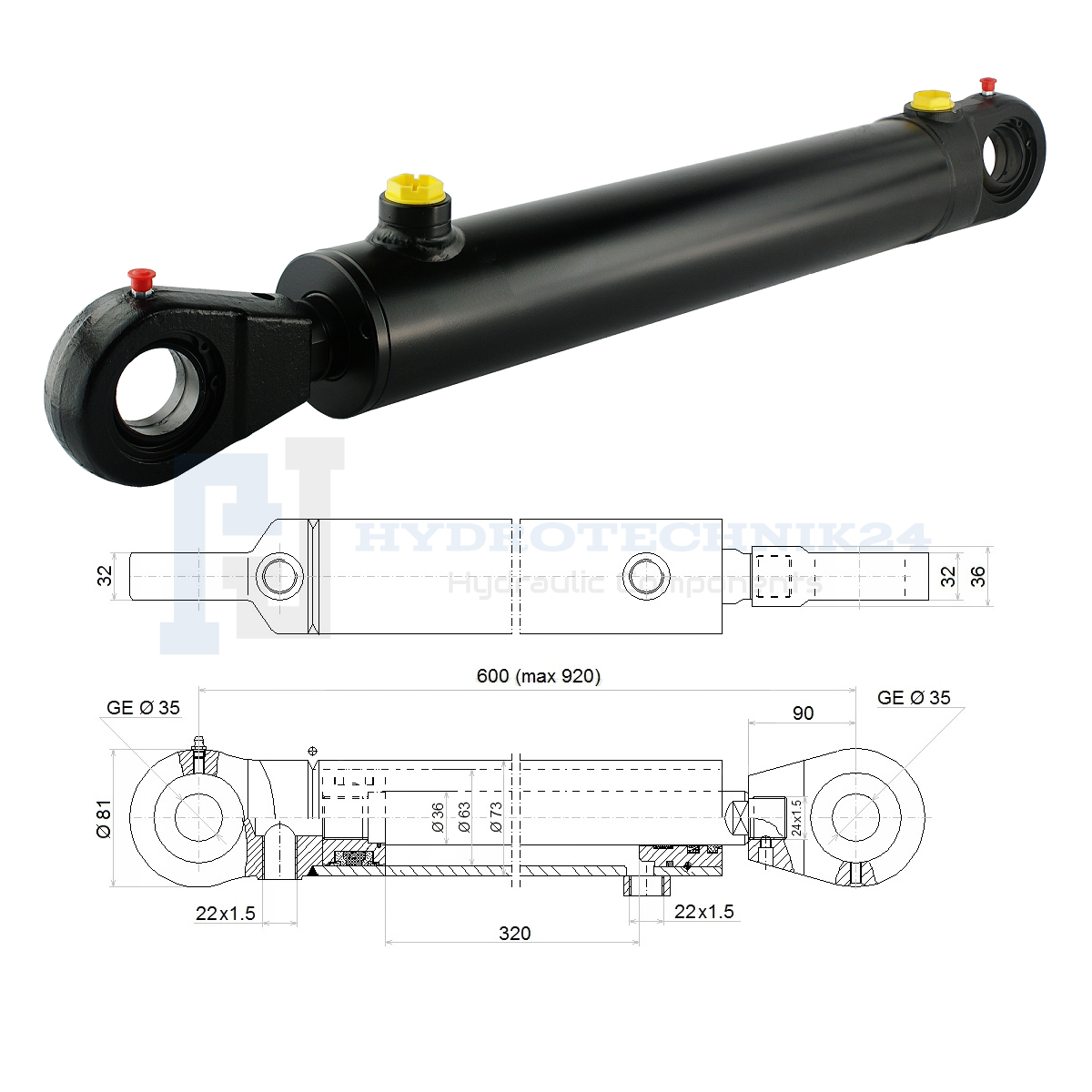 Cylindre Hydraulique Simple Effet 20 Mm Avec Rotules - Course De 50 à 1000 Mm - Neuf Dans Son Emballage