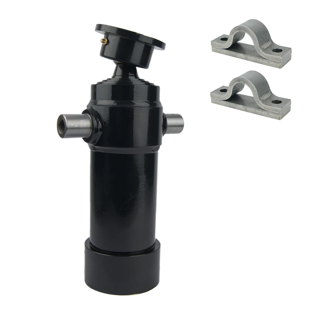 Teleskop-Hydraulikzylinder 4-stufig Ø90/75/60/45mm 910mm hub mit Anschweißkugelpfanne und Lagerbockpaar