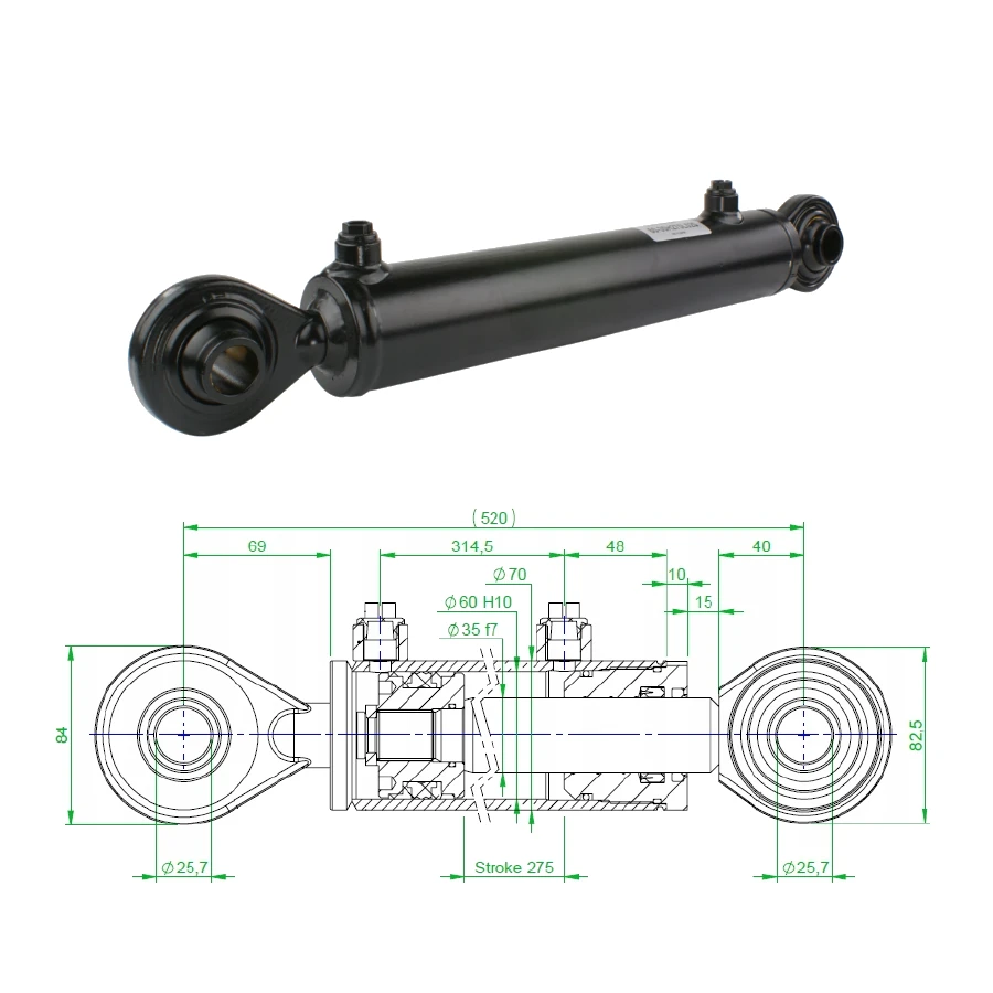 Hydraulikzylinder doppeltwirkend CJ2F-60/35/275 mit Gelenkaugen 25mm