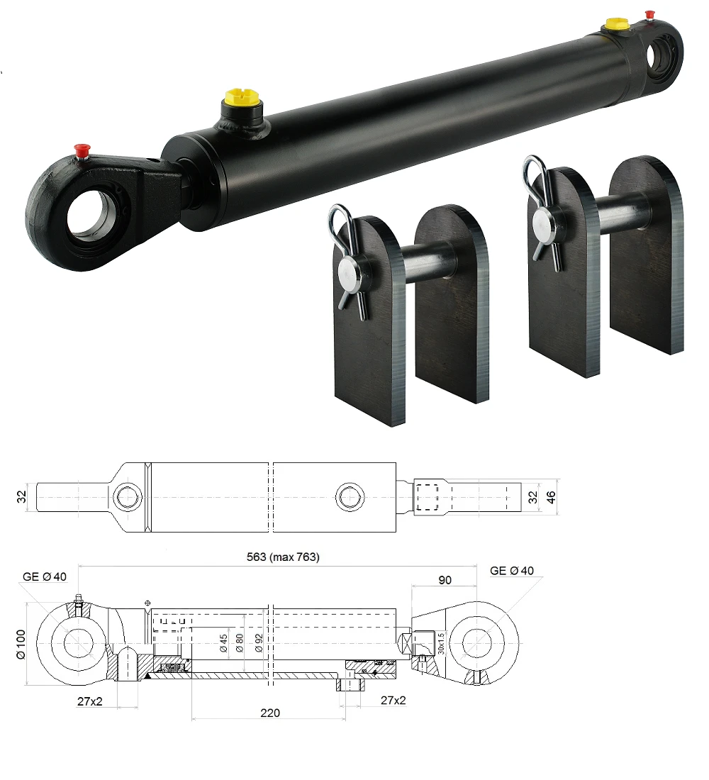 Hydraulikzylinder doppeltwirkend CJ2F-80/45/220 mit Gelenkaugen 40mm + Befestigung