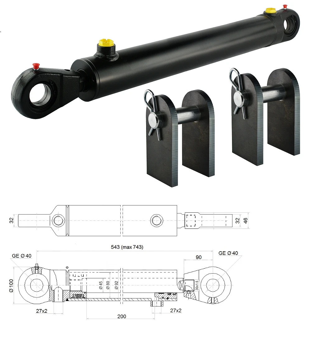 Hydraulikzylinder doppeltwirkend CJ2F-80/45/200 mit Gelenkaugen 40mm + Befestigung