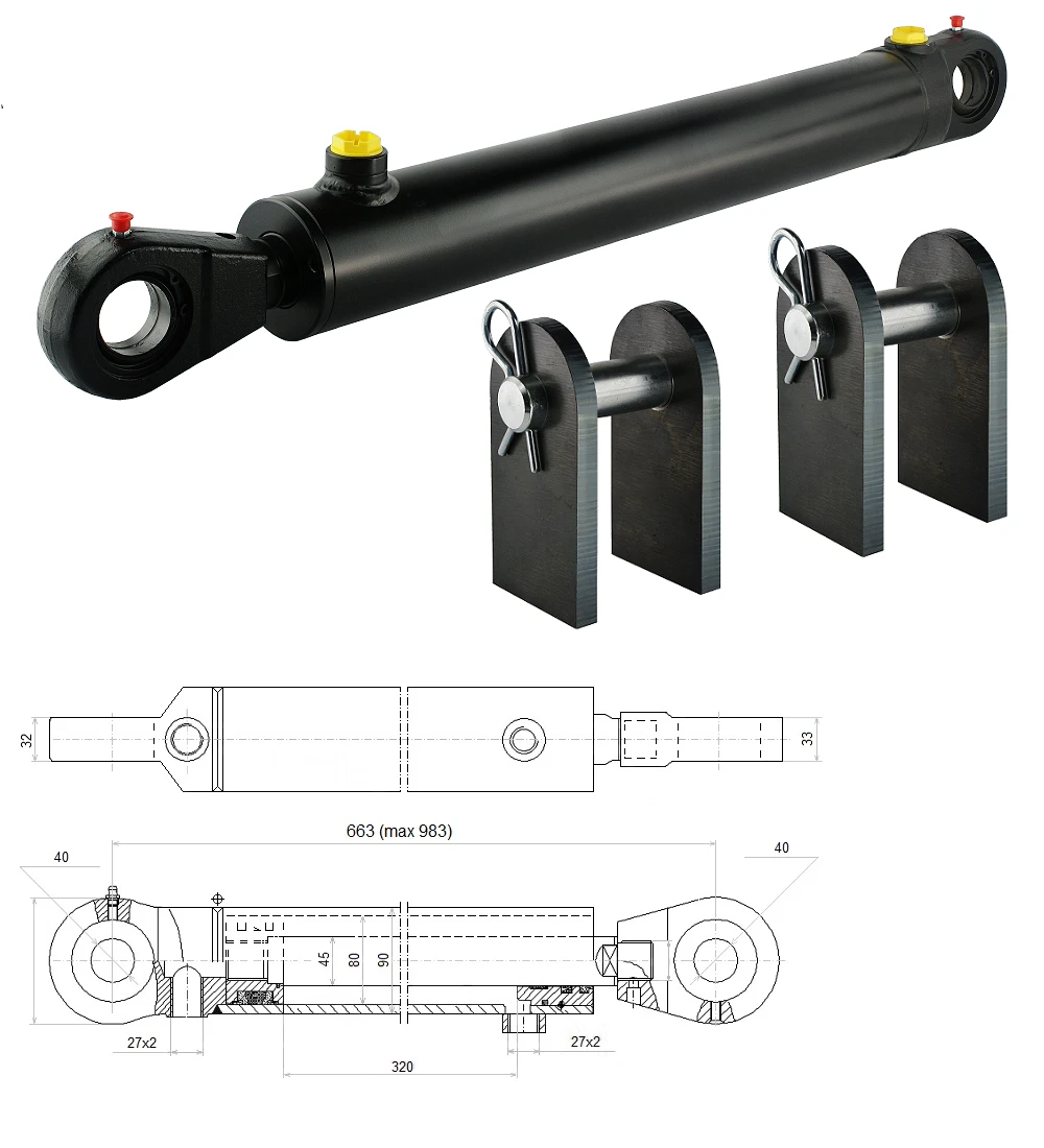 Hydraulikzylinder doppeltwirkend CJ2F-80/45/320 mit Gelenkaugen 40mm + Befestigung