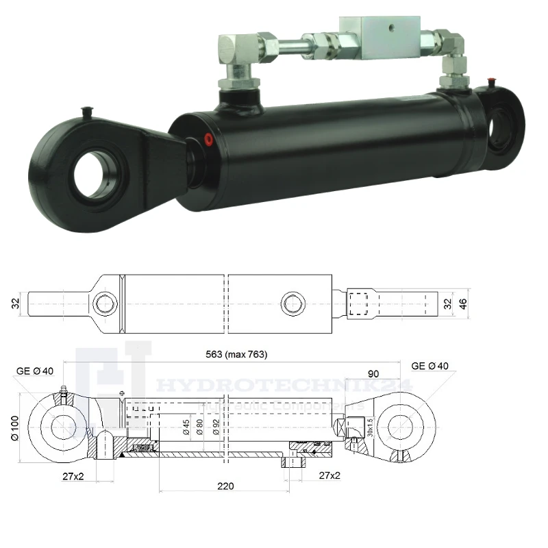Hydraulikzylinder doppeltwirkend CJ2F-80/45/220 mit Gelenkaugen 40mm + Sperrventil