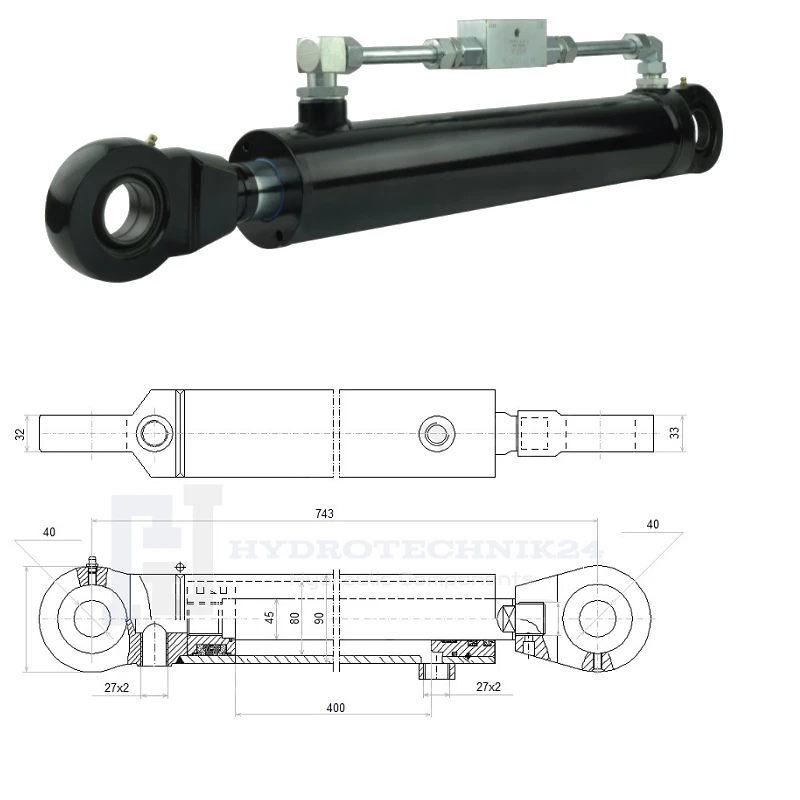 Hydraulikzylinder doppeltwirkend CJ2F-80/45/400 mit Gelenkaugen 40mm + Sperrventil