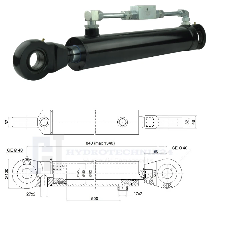 Hydraulikzylinder doppeltwirkend CJ2F-80/45/500 mit Gelenkaugen 40mm + Sperrventil
