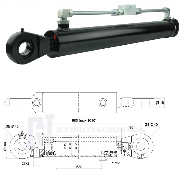 Hydraulikzylinder doppeltwirkend CJ2F-80/45/630 mit Gelenkaugen 40mm + Sperrventil