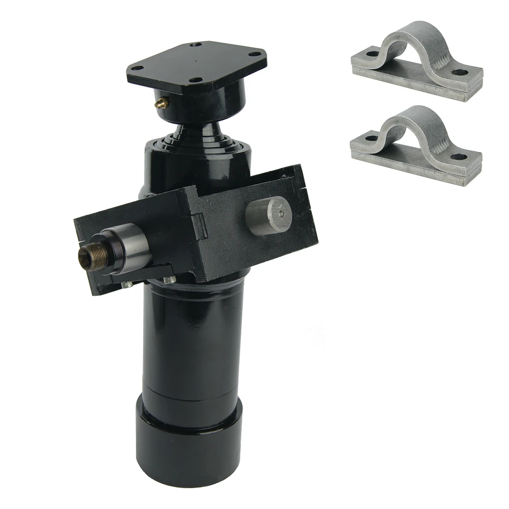 Teleskopzylinder 3-stufig Ø75/60/45mm 700mm hub mit Anschweißkugelpfanne, Kardanring und Lagerbockpaar