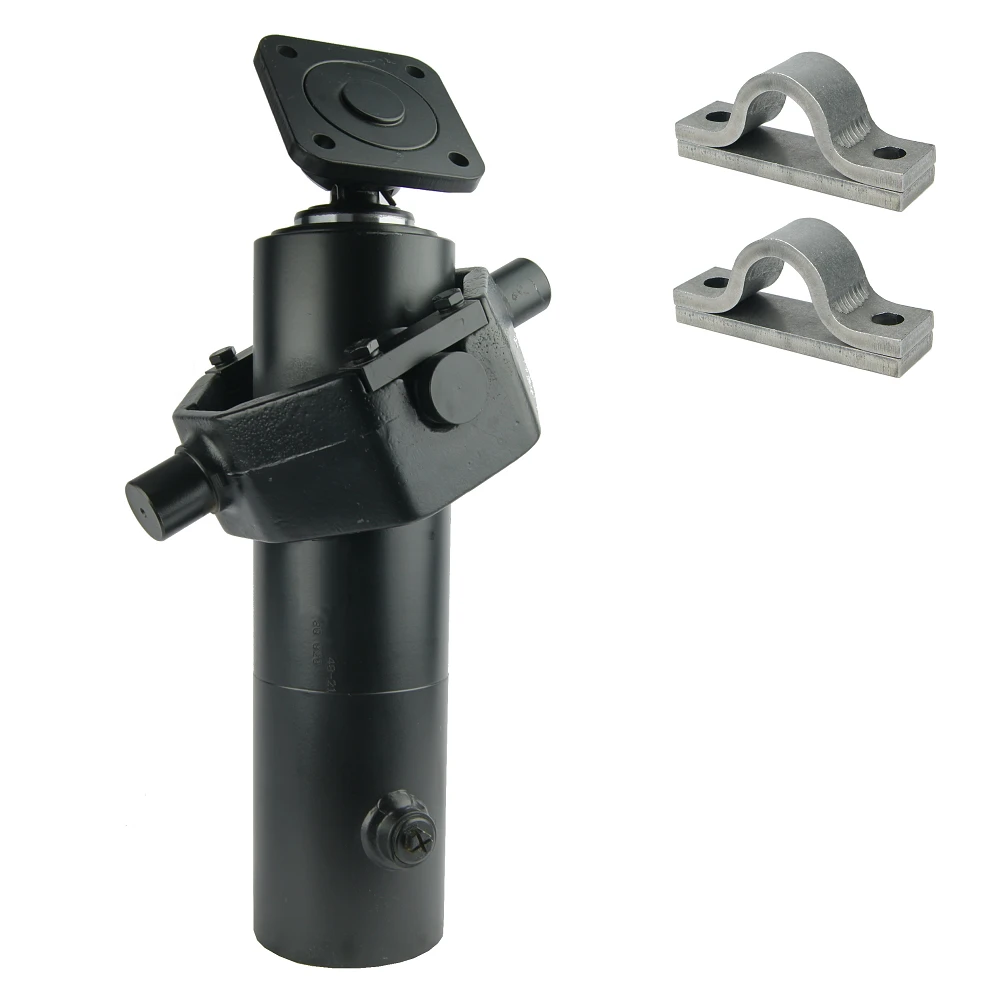 Teleskopzylinder 4-stufig Ø105/90/75/60mm 1300mm hub mit Kugelpfanne, Kardanring und Lagerbockpaar