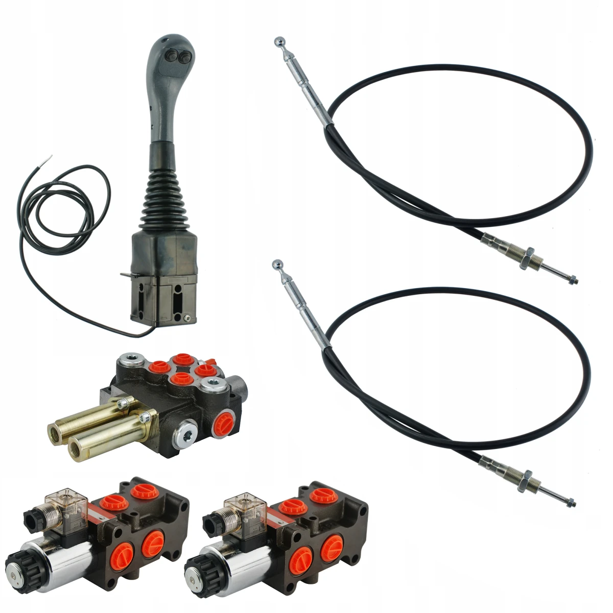 Handsteuerventil 40L/min 2 Fach 2xDW + Joystick 2 Knopf + 2xBowdenzüge + 2xUmschaltventil 6/2 12V