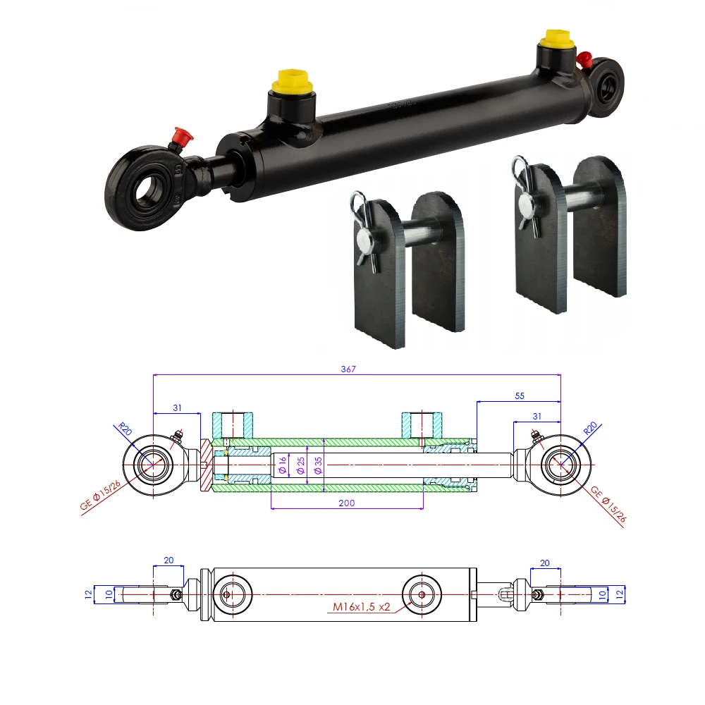 Hydraulikzylinder doppeltwirkend CJ2F 25/16/200 mit Gelenkaugen 15mm + Befestigung