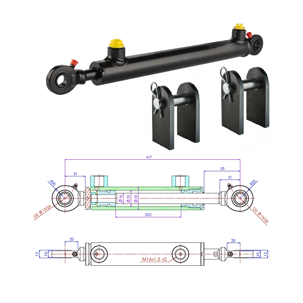 Hydraulikzylinder doppeltwirkend CJ2F 25/16/250 mit Gelenkaugen 15mm + Befestigung