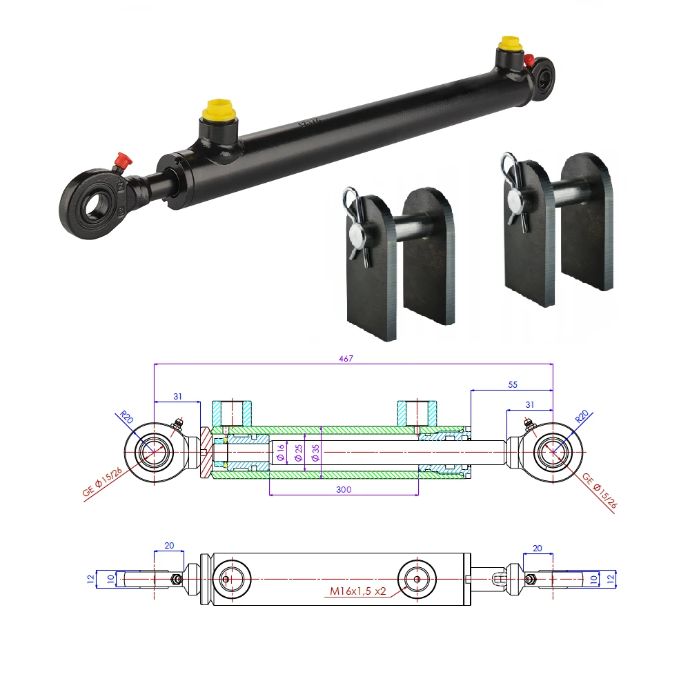 Hydraulikzylinder doppeltwirkend CJ2F 25/16/300 mit Gelenkaugen 15mm + Befestigung