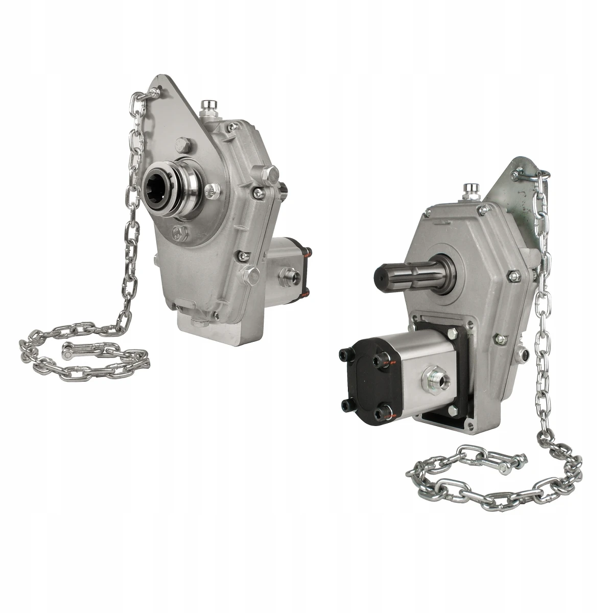 Zapfwellengetriebe mit Befestigungsplatte mit Kette und Hydraulikpumpe 26ccm, Größe 2, Leistung von 53L/min. Zusätzlicher Zapfwellenstummel im Set enthalten