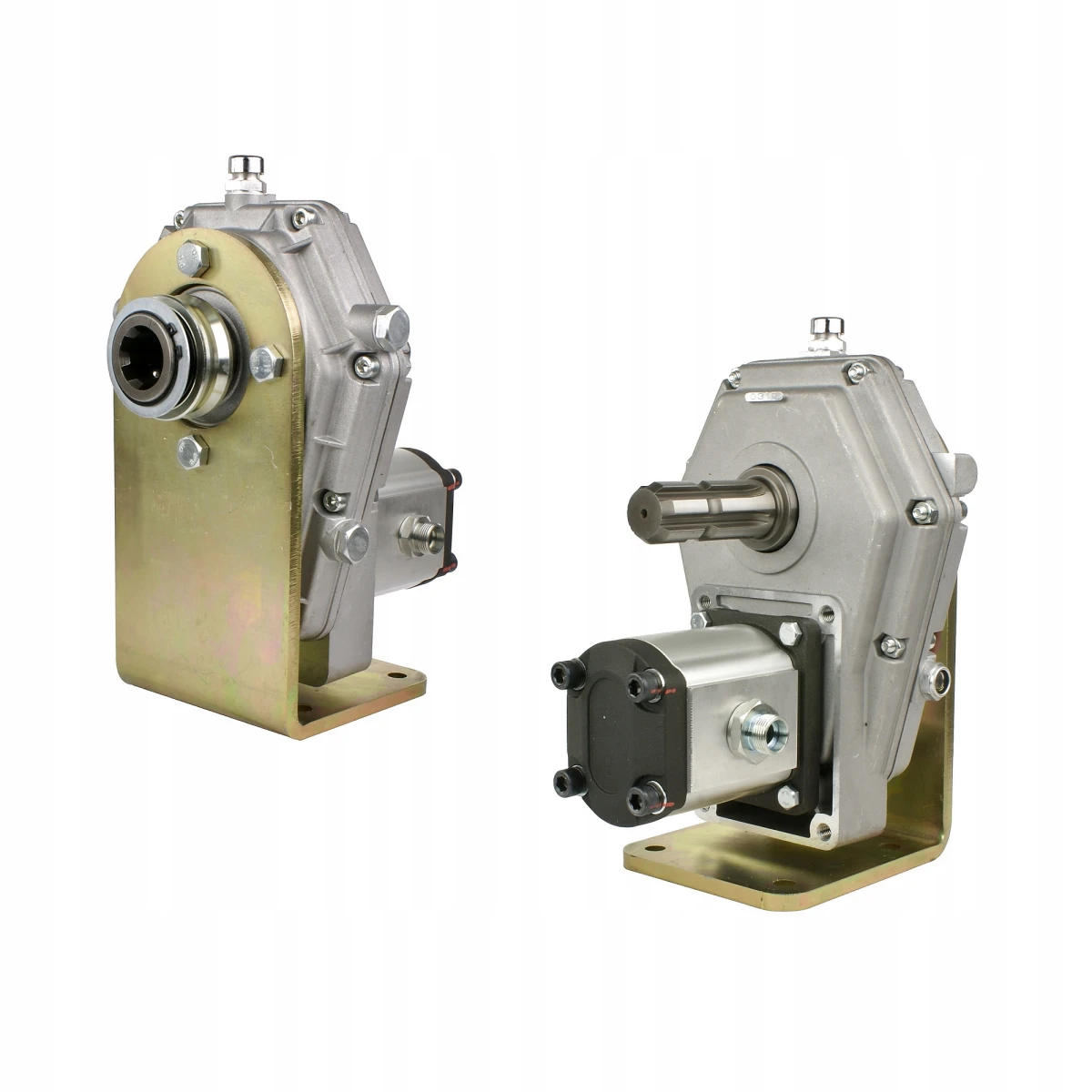 Zapfwellengetriebe mit Halteplatte und Hydraulikpumpe 26ccm, Größe 2, Leistung von 53L/min. Zusätzlicher Zapfwellenstummel im Set enthalten