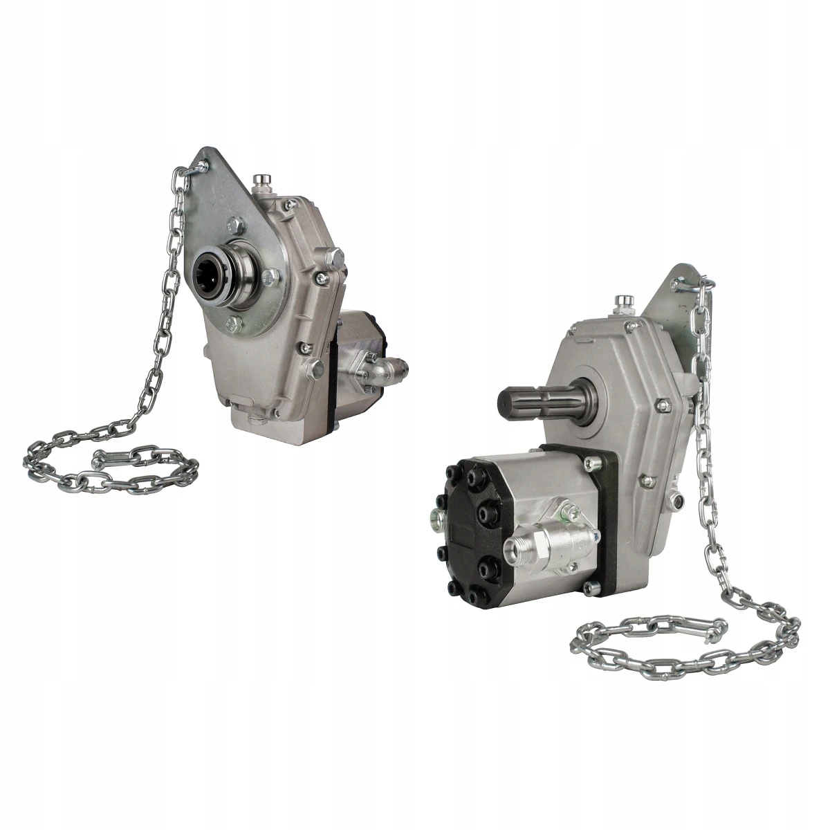 Zapfwellengetriebe mit Befestigungsplatte mit Kette Hydraulikpumpe 39ccm, Größe 3, Leistung von 80L/min. Zusätzlicher Zapfwellenstummel im Set enthalten