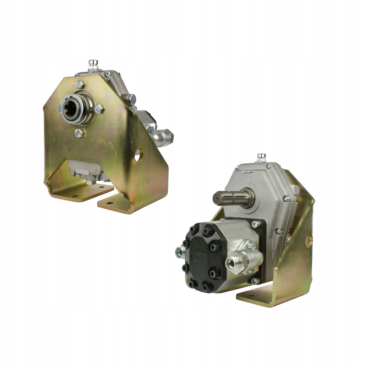 Zapfwellengetriebe mit Verstärkte Halteplatte und Hydraulikpumpe 46ccm, Größe 3, Leistung von 94L/min. Zusätzlicher Zapfwellenstummel im Set enthalten