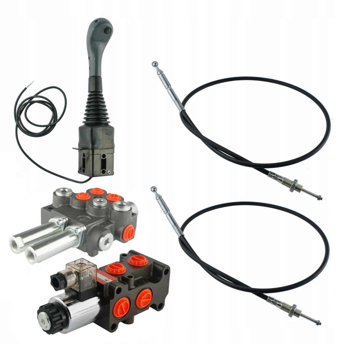 Handsteuerventil 40L/min 2-Fach 1xDW 1xEW + Joystick 1 Knopf + 2x Bowdenzüge + Umschaltventil 6/2 12V