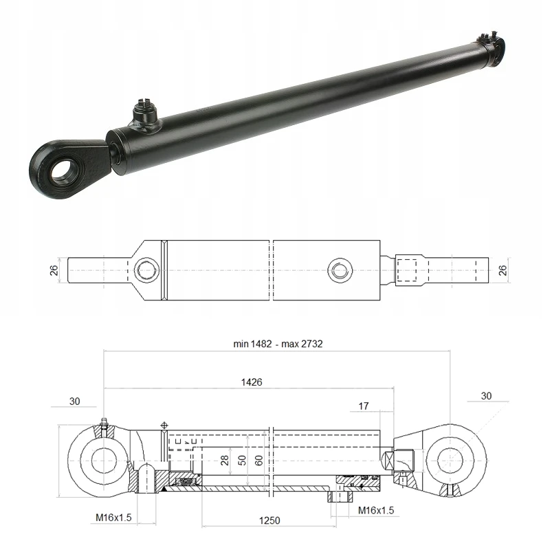 Hydraulikzylinder doppeltwirkend CJ2F-50/28/1250 mit Gelenkaugen 30 mm
