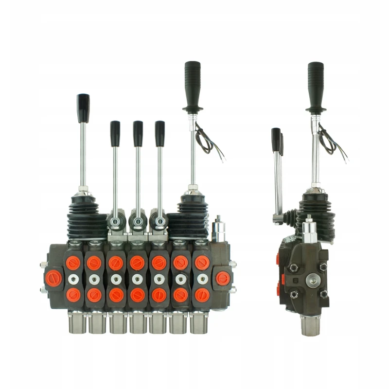 Handsteuerventil für Forstmaschinen 90L, 7-fach doppeltwirkend, 3x Hebel 1x Kreuzhebel mit Knopf 1x Kreuzhebel ohne Knöpfe