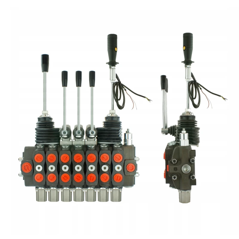 Handsteuerventil für Forstmaschinen 90L, 7-fach doppeltwirkend, 3x Hebel 1x Kreuzhebel mit 3 Knöpfe 1x Kreuzhebel ohne Knöpfe