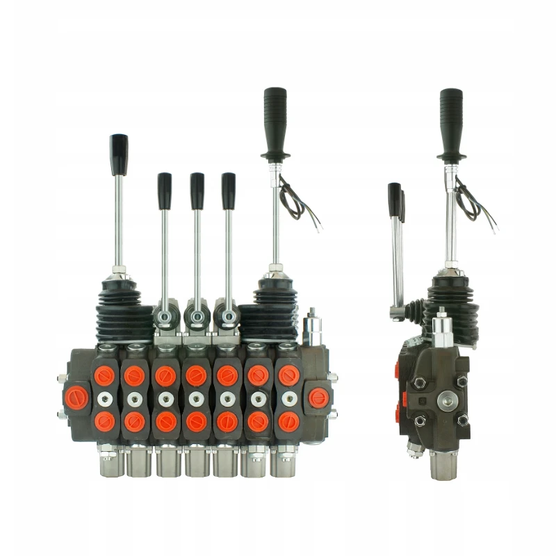 Handsteuerventil für Forstmaschinen 90L, 7-fach doppeltwirkend, 3x Hebel 1x Kreuzhebel mit Knopf 1x Kreuzhebel ohne Knöpfe, Schockventile im sektionen: 1, 2, 7