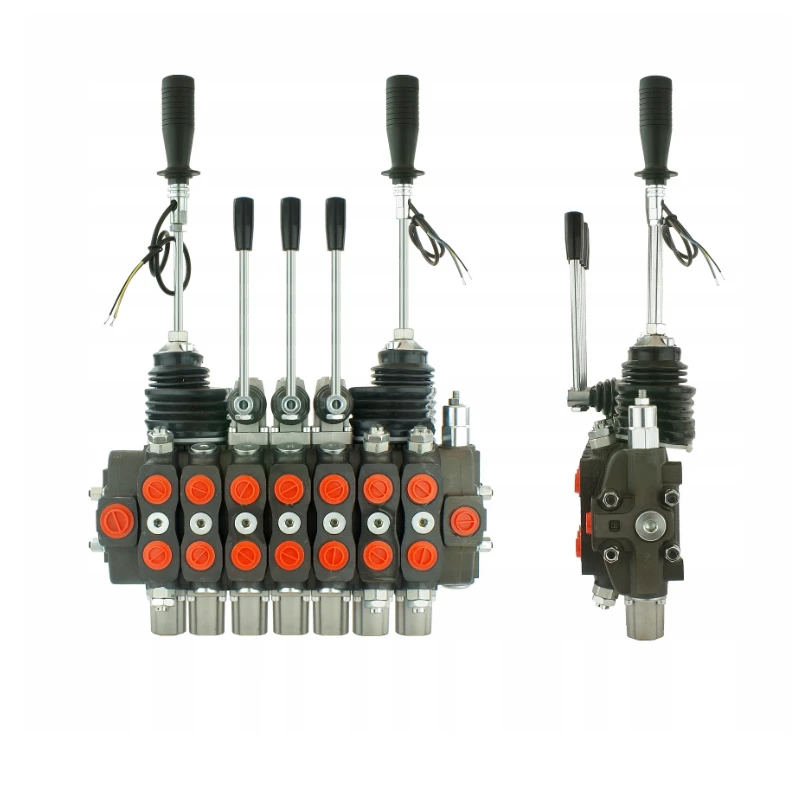 Handsteuerventil für Forstmaschinen 90L, 7-fach doppeltwirkend, 3x Hebel 2x Kreuzhebel mit Knöpfe: 2/1, Schockventile im sektionen: 1, 2, 7