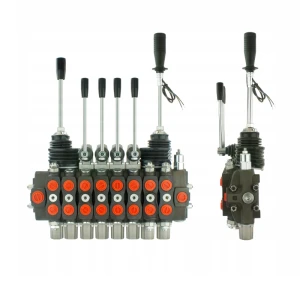 Handsteuerventil für Forstmaschinen 90L, 8-fach doppeltwirkend, 4x Hebel 1x Kreuzhebel mit 2 Knöpfe 1x Kreuzhebel ohne Knöpfe, Schockventile im sektionen: 1, 2, 8