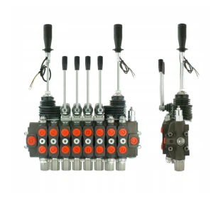 Handsteuerventil für Forstmaschinen 90L, 8-fach doppeltwirkend 4x Hebel 2x Kreuzhebel mit Knöpfe: 2/2, Schockventile im sektionen: 1, 2, 8