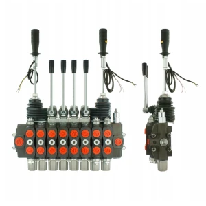 Handsteuerventil für Forstmaschinen 90L, 8-fach doppeltwirkend 4x Hebel 2x Kreuzhebel mit Knöpfe: 3/1, Schockventile im sektionen: 1, 2, 8 