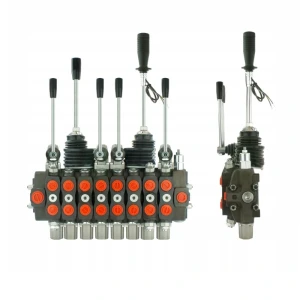 Handsteuerventil für Forstmaschinen 90L, 8-fach doppeltwirkend, 4x Hebel 1x Kreuzhebel mit 2 Knöpfe 1x Kreuzhebel ohne Knöpfe, Schockventile im sektionen: 2, 3, 7