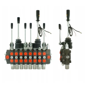 Handsteuerventil für Forstmaschinen 90L, 8-fach doppeltwirkend, 4x Hebel 1x Kreuzhebel mit 3 Knöpfe 1x Kreuzhebel ohne Knöpfe, Schockventile im sektionen: 2, 3, 7