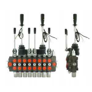 Handsteuerventil für Forstmaschinen 90L, 8-fach doppeltwirkend, 4x Hebel 2x Kreuzhebel mit Knöpfe: 3/2, Schockventile im sektionen: 2, 3, 7