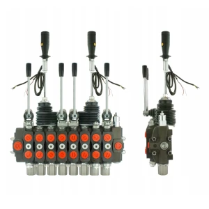 Handsteuerventil für Forstmaschinen 90L, 8-fach doppeltwirkend, 4x Hebel 2x Kreuzhebel mit Knöpfe: 3/3, Schockventile im sektionen: 2, 3, 7