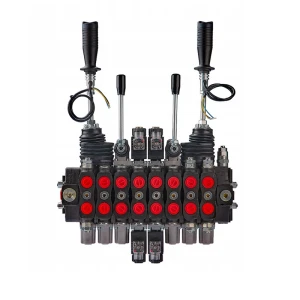 Handsteuerventil für Forstmaschinen 90L, 8-fach doppeltwirkend 2 elektrische Sektionen, 2x Hebel 2x Kreuzhebel mit Knöpfe: 2/2, Schockventile im sektionen: 1, 2, 8