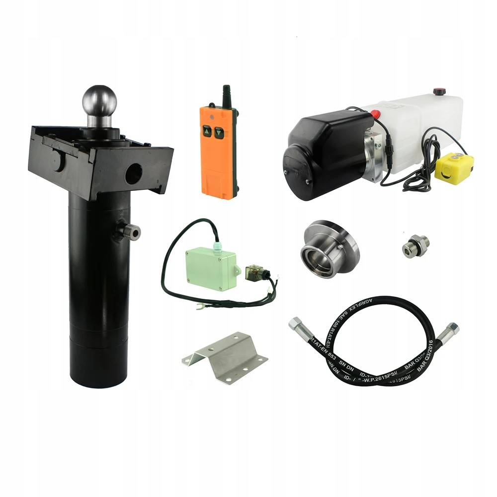 Hydraulik für Kippanhänger, Hydraulikaggregat 12V mit Funkfernbedienung + Teleskopzylinder Hub 520. Tragkraft bis zu 5 Tonnen