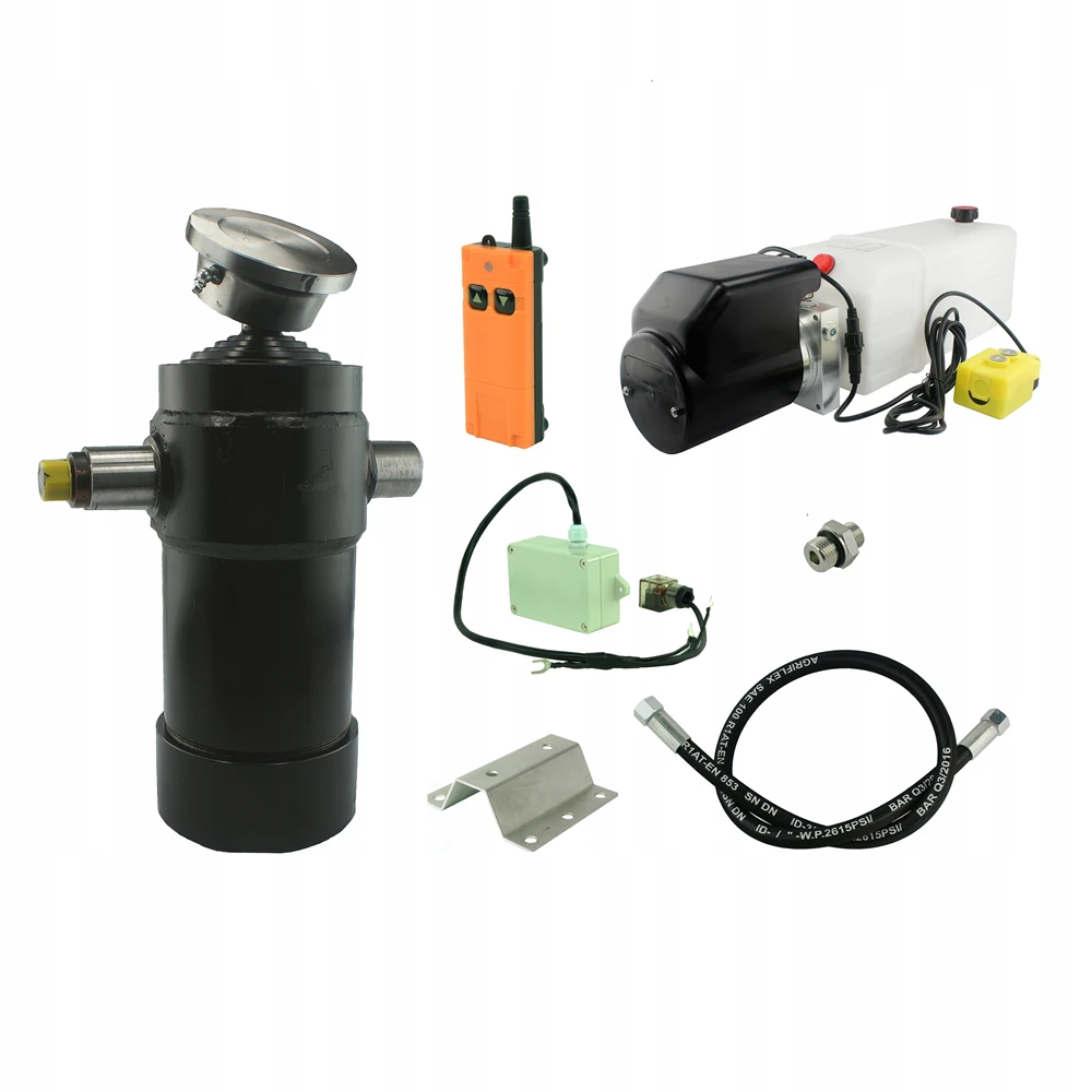 Hydraulik für Kippanhänger, Hydraulikaggregat 12V mit Funkfernbedienung + Teleskopzylinder Hub 1050. Tragkraft bis zu 8 Tonnen