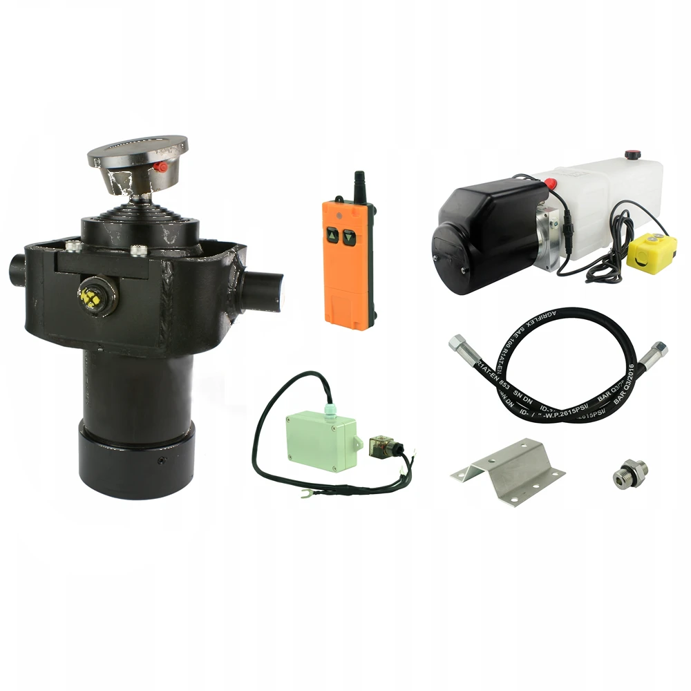 Hydraulik für Kippanhänger, Hydraulikaggregat 12V mit Funkfernbedienung + Teleskopzylinder mit Kardanring Hub 1050. Tragkraft bis zu 8 Tonnen