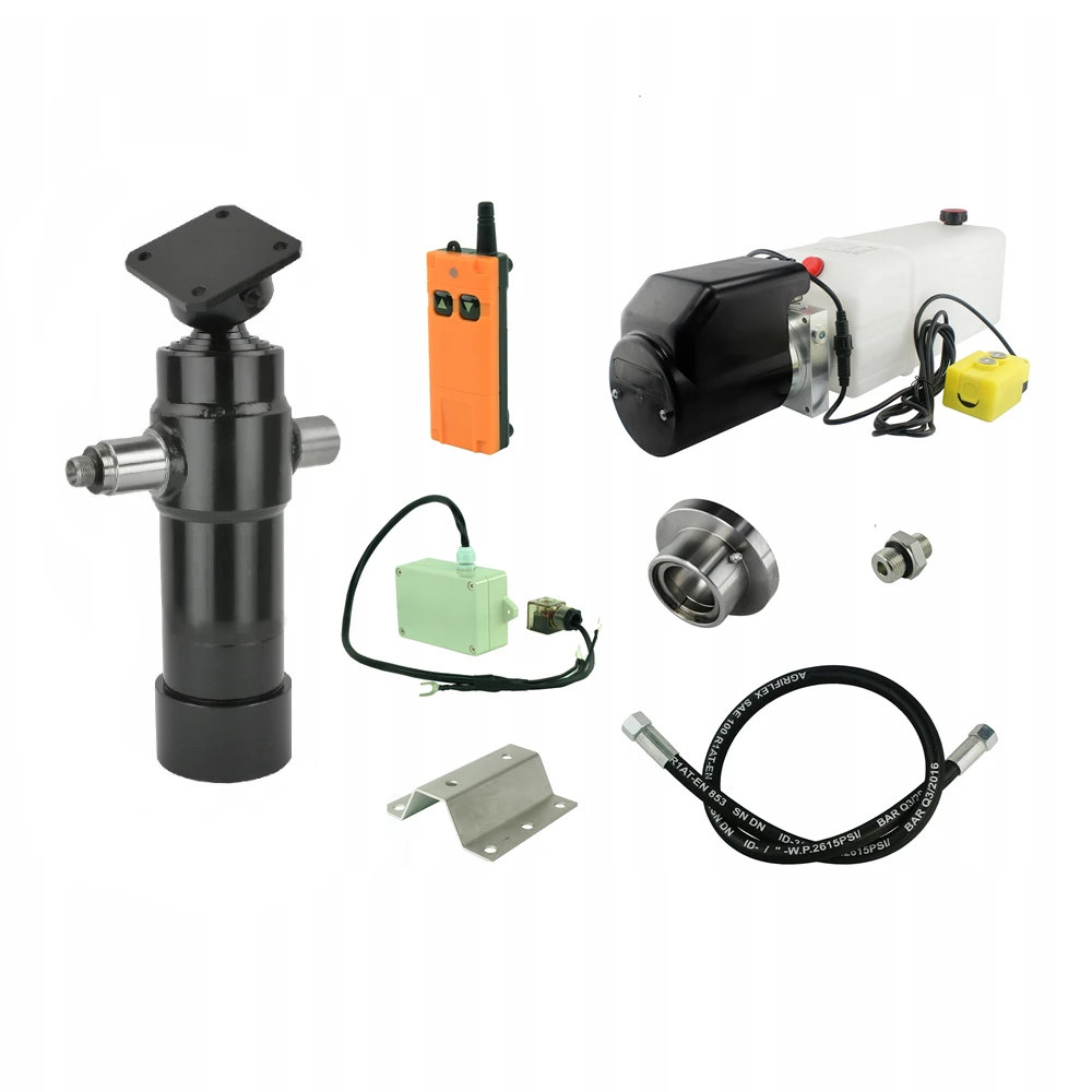 Hydraulik für Kippanhänger, Hydraulikaggregat 12V mit Funkfernbedienung + Teleskopzylinder Hub 700. Tragkraft bis zu 5 Tonnen
