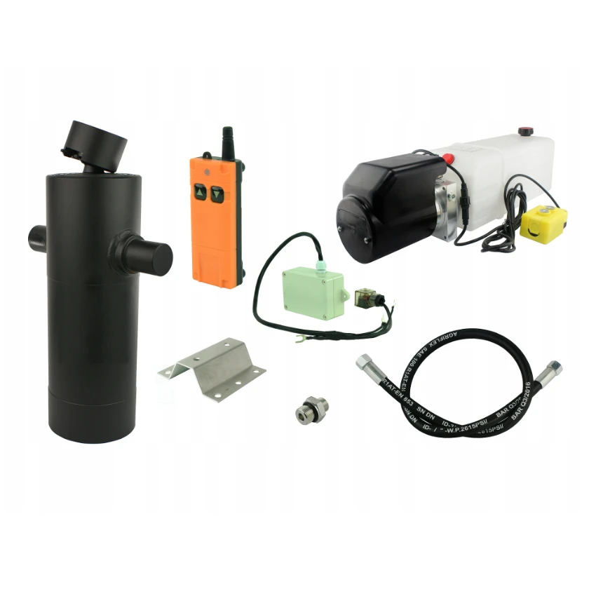 Hydraulik für Kippanhänger, Hydraulikaggregat 12V mit Funkfernbedienung + Teleskopzylinder Hub 1200. Tragkraft bis zu 10 Tonnen