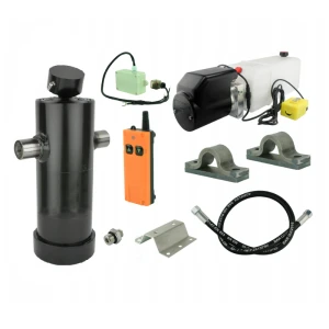 Hydraulik für Kippanhänger, Hydraulikaggregat 12V mit Funkfernbedienung + Teleskopzylinder mit Lagerbockpaar Hub 1237. Tragkraft bis zu 8 Tonnen   