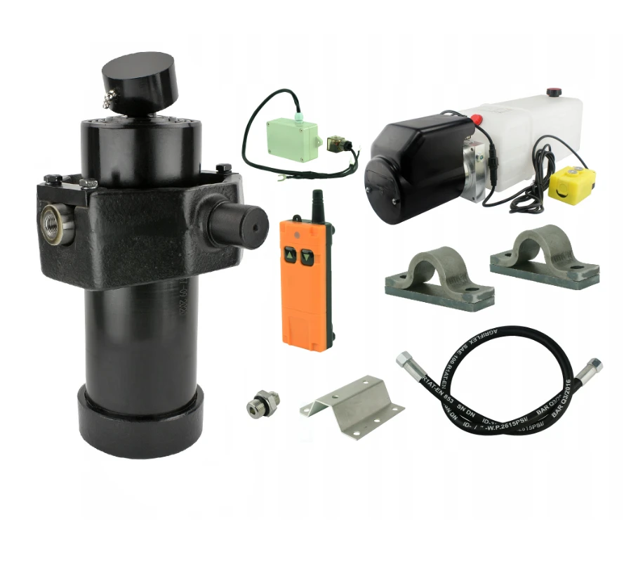 Hydraulik für Kippanhänger, Hydraulikaggregat 12V mit Funkfernbedienung + Teleskopzylinder mit Kardanring und Lagerbockpaar Hub 1237. Tragkraft bis zu 8 Tonnen