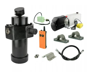 Hydraulik für Kippanhänger, Hydraulikaggregat 12V mit Funkfernbedienung + Teleskopzylinder mit Kardanring und Lagerbockpaar Hub 1237. Tragkraft bis zu 8 Tonnen     
