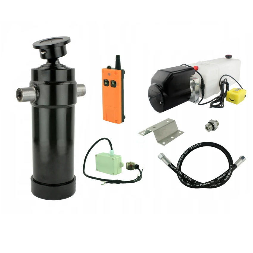 Hydraulik für Kippanhänger, Hydraulikaggregat 12V mit Funkfernbedienung + Teleskopzylinder Hub 1432. Tragkraft bis zu 12 Tonnen