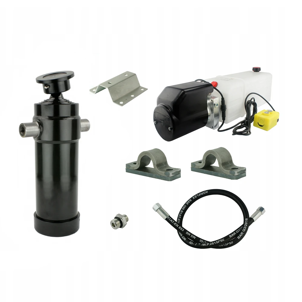 Hydraulik für Kippanhänger, Hydraulikaggregat 12V + Teleskopzylinder mit Lagerbockpaar Hub 1432. Tragkraft bis zu 12 Tonnen