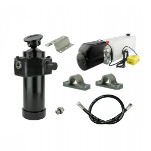 Hydraulik für Kippanhänger, Hydraulikaggregat 12V mit Funkfernbedienung + Teleskopzylinder mit Kardanring und Lagerbockpaar Hub 1432. Tragkraft bis zu 12 Tonnen      
