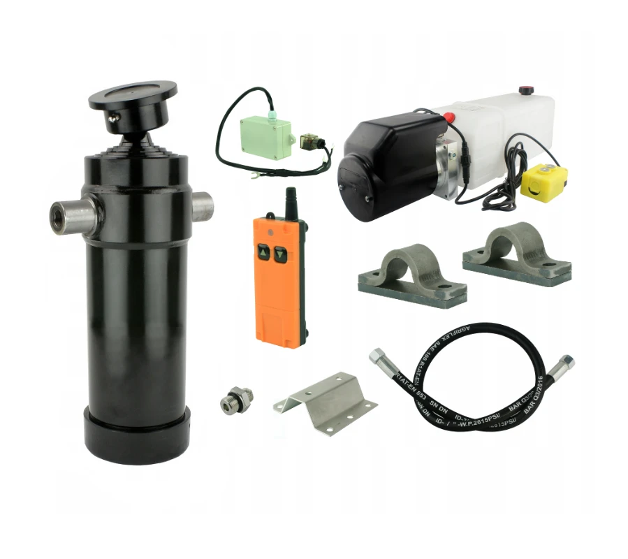 Hydraulik für Kippanhänger, Hydraulikaggregat 12V mit Funkfernbedienung + Teleskopzylinder mit Lagerbockpaar Hub 1432. Tragkraft bis zu 12 Tonnen